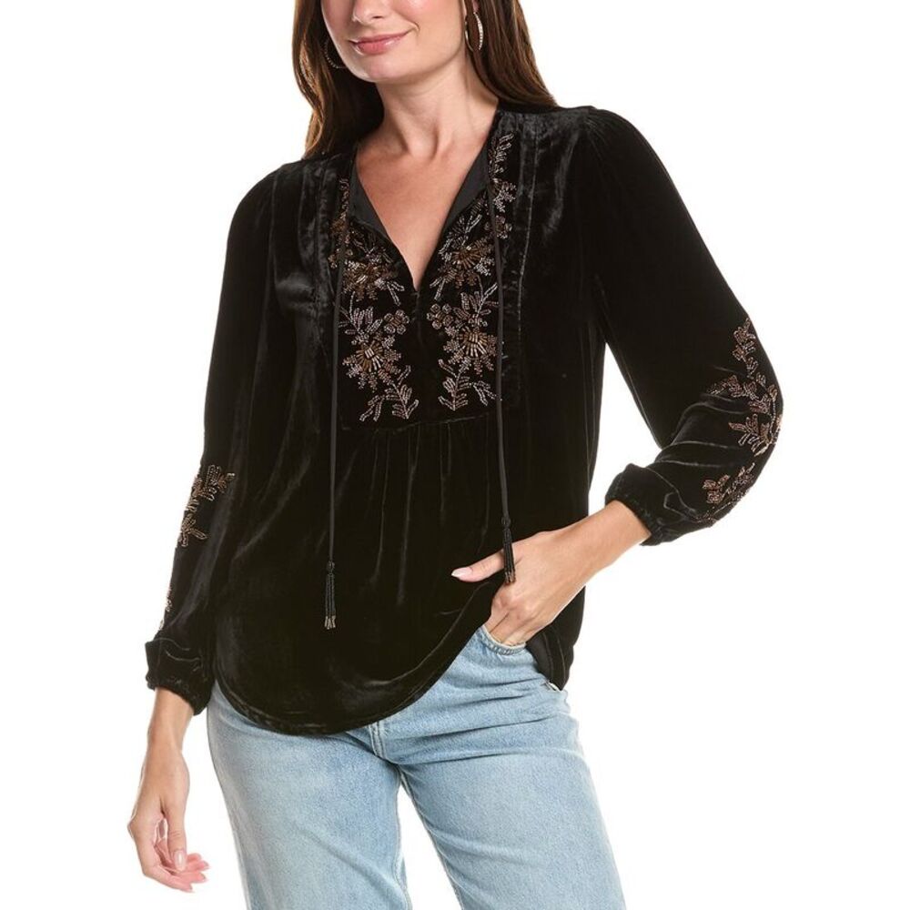 Johnny Was Womens Velvet Prairie Silk-Blend Blouse, Black